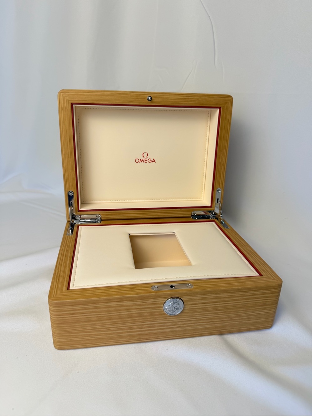 Omega Light Wood Watch Presentation Box with Cream Interior and Red Trim